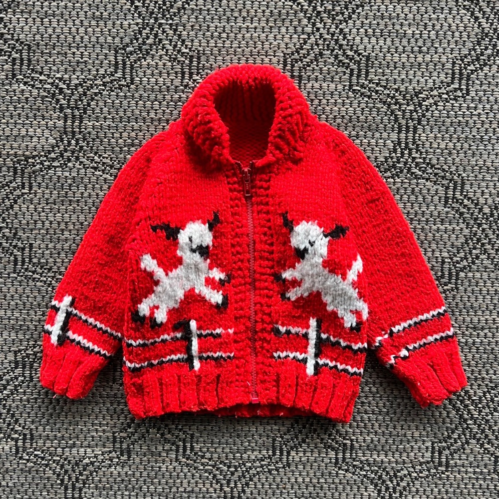 Vintage Animal Sweater Kids Toddler Red Lamb Cowichan Knit Handmade Acrylic